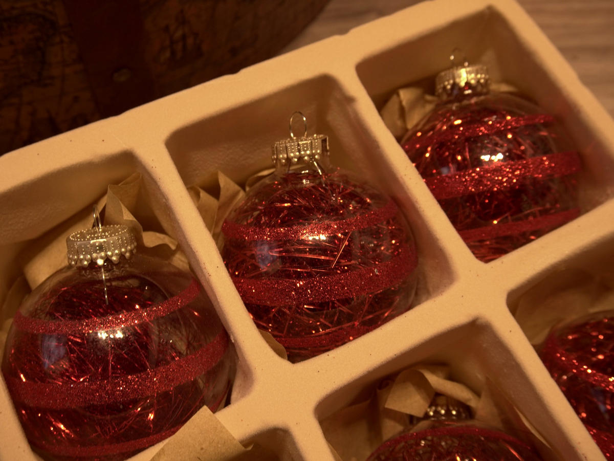 CHRISTBAUMKUGELN Glitterstreifen mit Tinsel Rot 7cm (Glas / 9 Stk.) - Rot, Glas (7/7/7cm) - Krebs Glas Lauscha