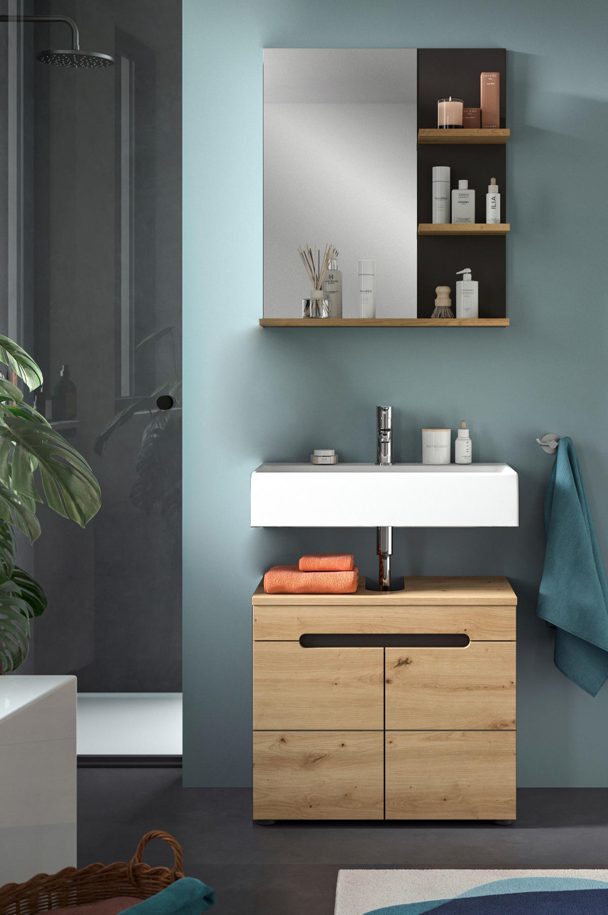BADMÖBEL-SET Eiche, grau 2-teilig 63 cm, Komplettset mit Soft-Close - Schwarz/Eiche Artisan, Glas/Holzwerkstoff (63/193/34cm) - Inn.Furn