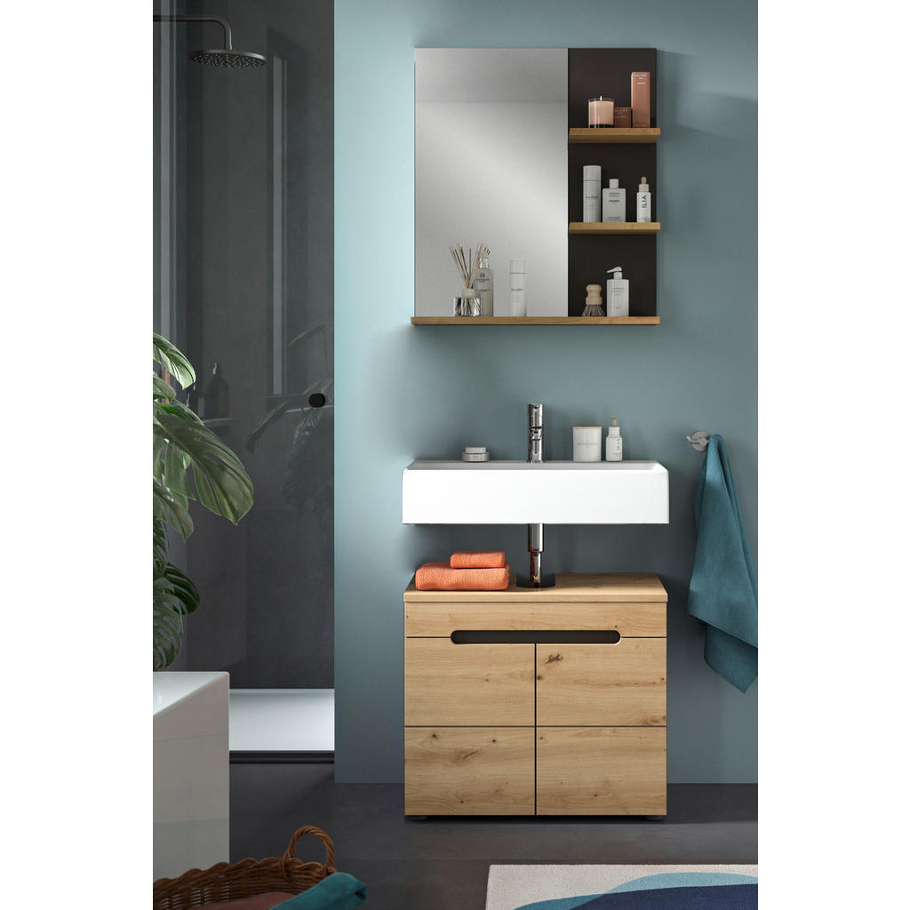 Thumbnail - Inn.Furn Badmöbel-Set, Eiche Artisan, Grau, Holzwerkstoff, Glas, Metall, Nachbildung, Uni, Holz Optik, 3 Fächer, 1 Schub...