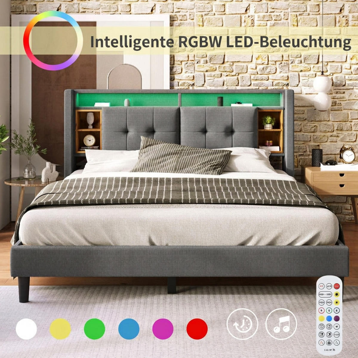 POLSTERBETT 140/200 cm Grau mit Stauraum-Kopfteil, LED-Beleuchtung und USB Type-C Ladefunktion - Grau, Holz (140/200cm) - Oxeza