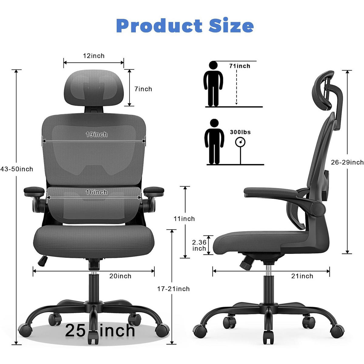 BÜROSTUHL Schwarz-Grau ergonomisch Netz verstellbar - Grau, Metall (25/52.5/65cm) - Rattrix