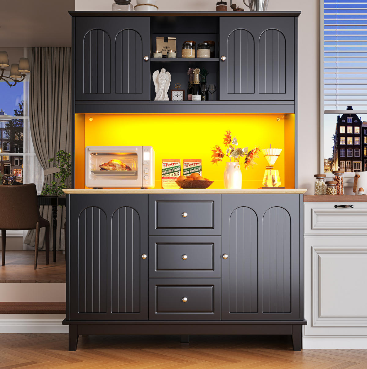 HOCHSCHRANK aus MDF in Holzoptik mit App-LED, 4 Türen und 3 Schubladen, 120/40/180 cm, Holzoptik，Schwarz - Schwarz, Holzwerkstoff (120/180/40cm) - Redom