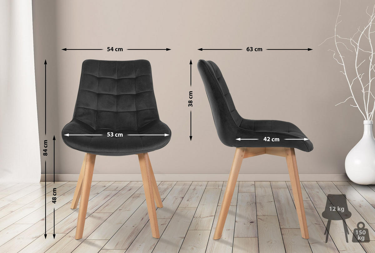 STUHL 2er Set Samt schwarz - Eukalyptusholzfarben/Schwarz, Holz/Textil (54/84/63cm) - CLP