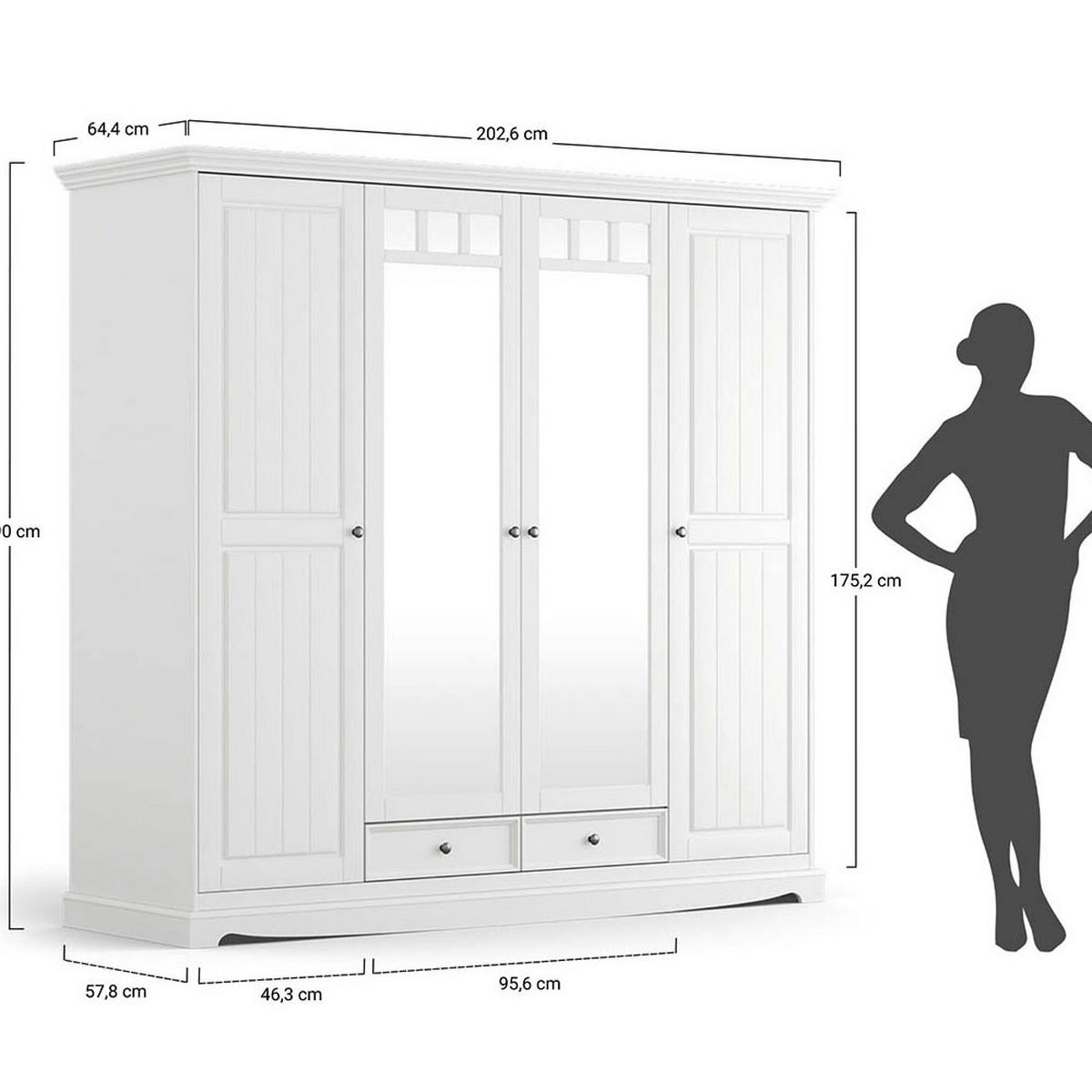 KLEIDERSCHRANK Belluno Elegante Kiefer weiß (RAL9010) lackiert 202 / 64 / 190cm - Weiß, Holz/Metall (202/190/64cm) - Feldmann-Wohnen