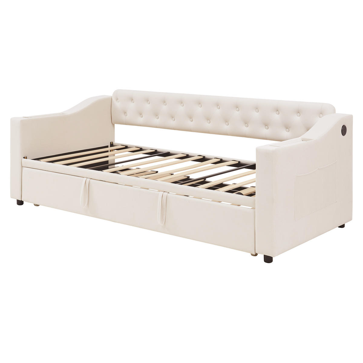 SCHLAFSOFA 90/190 cm & 180/190 cm in Beige Samt mit USB, Type-C und Ablagefächern - Beige, Holzwerkstoff/Textil (90/190cm) - WISHDOR