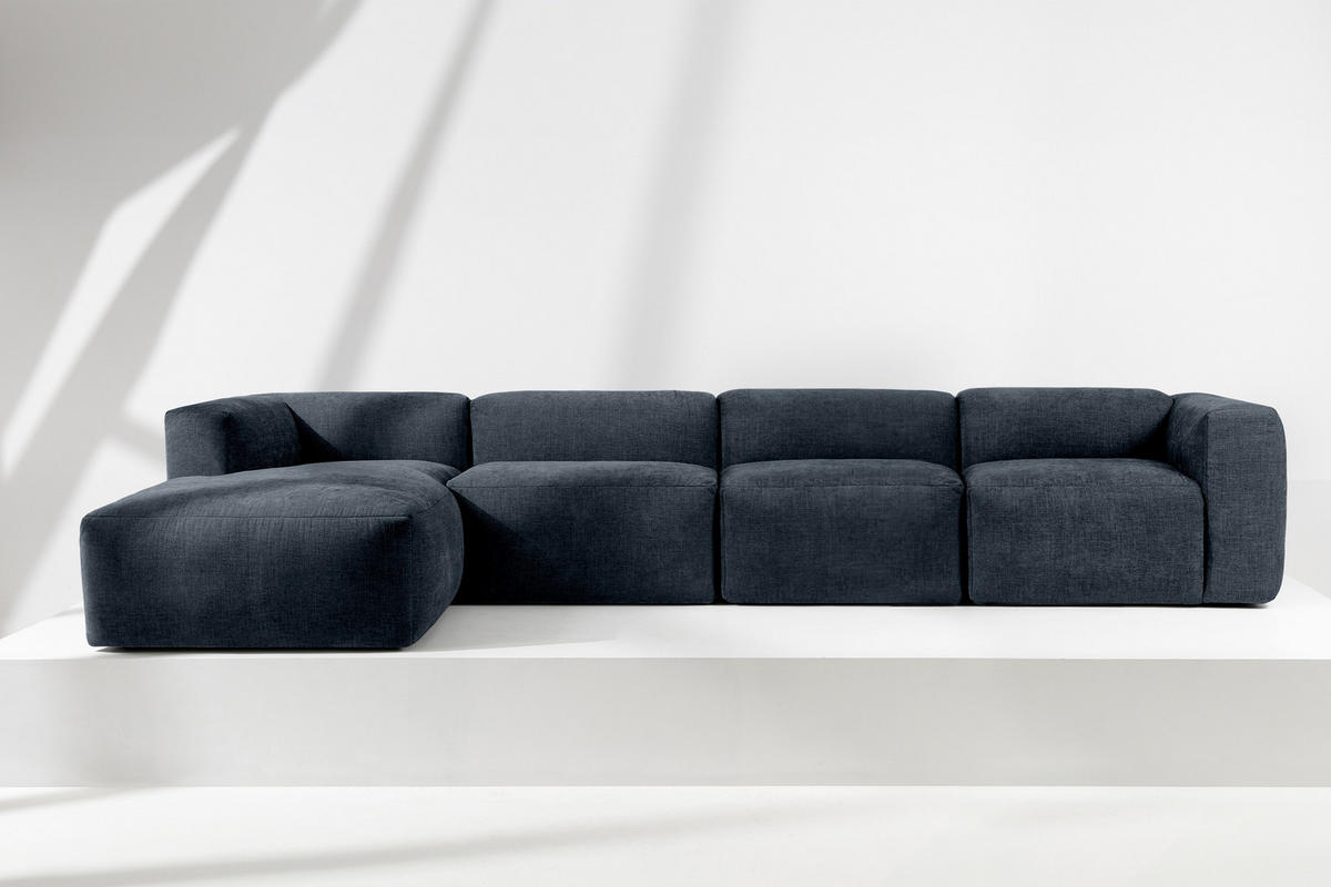 ECKMODULSOFA-LINKS BUFFO 6-Sitzer mit extrem weicher Sitzfläche, Gewebestoff, dunkelblau - Dunkelblau, Textil (377/180cm) - KONSIMO®