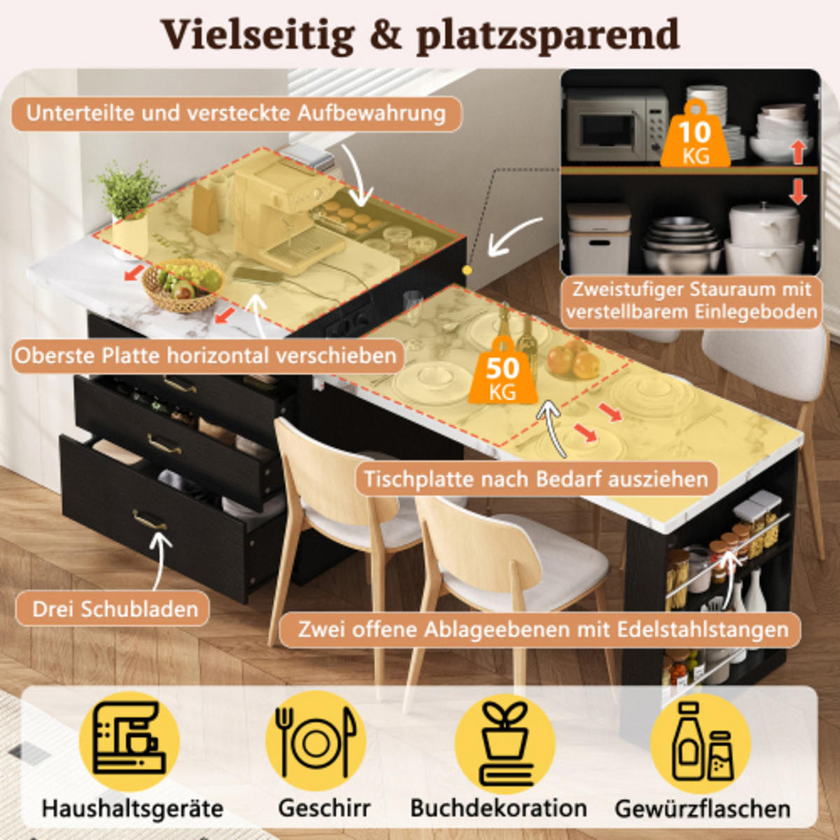 KÜCHENINSEL mit LED und Ladestation schwarz 125,5-187,5×71×93 cm aus MDF - Schwarz, Holzwerkstoff (187.5/93/71cm) - Luhomfu