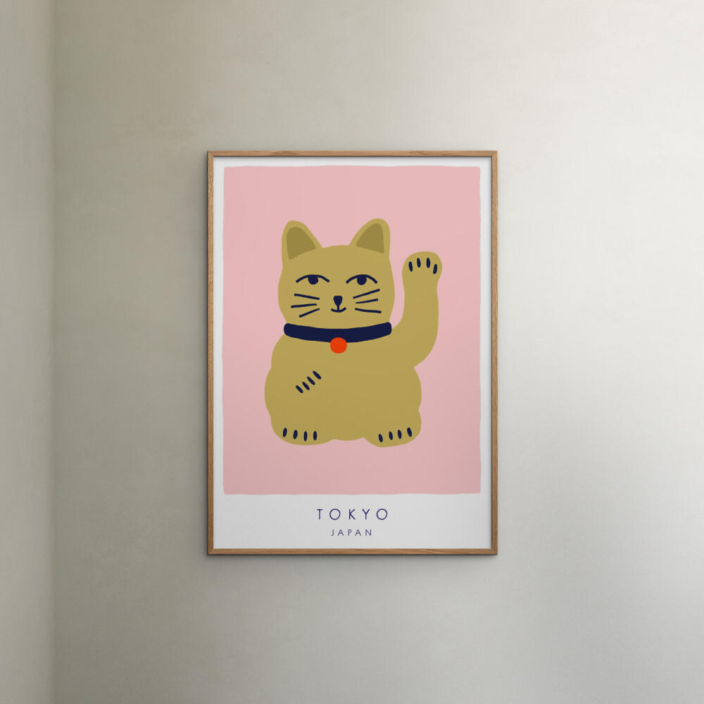 POSTER mit Rahmen Maren Gross - Maneki Neko, A Lucky Cat - Pink/Eichefarben, Holz/Papier (50/70cm) - Poster&Frame