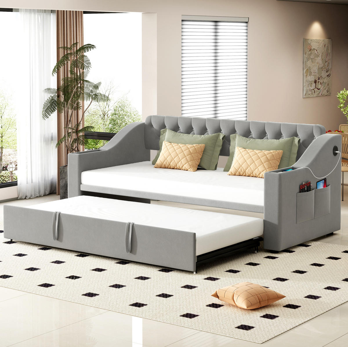POLSTERBETT 90/180×190 cm Grau aus Samt mit USB- und Type-C-Anschlüssen - Grau, Textil (90/180cm) - Flora Grace