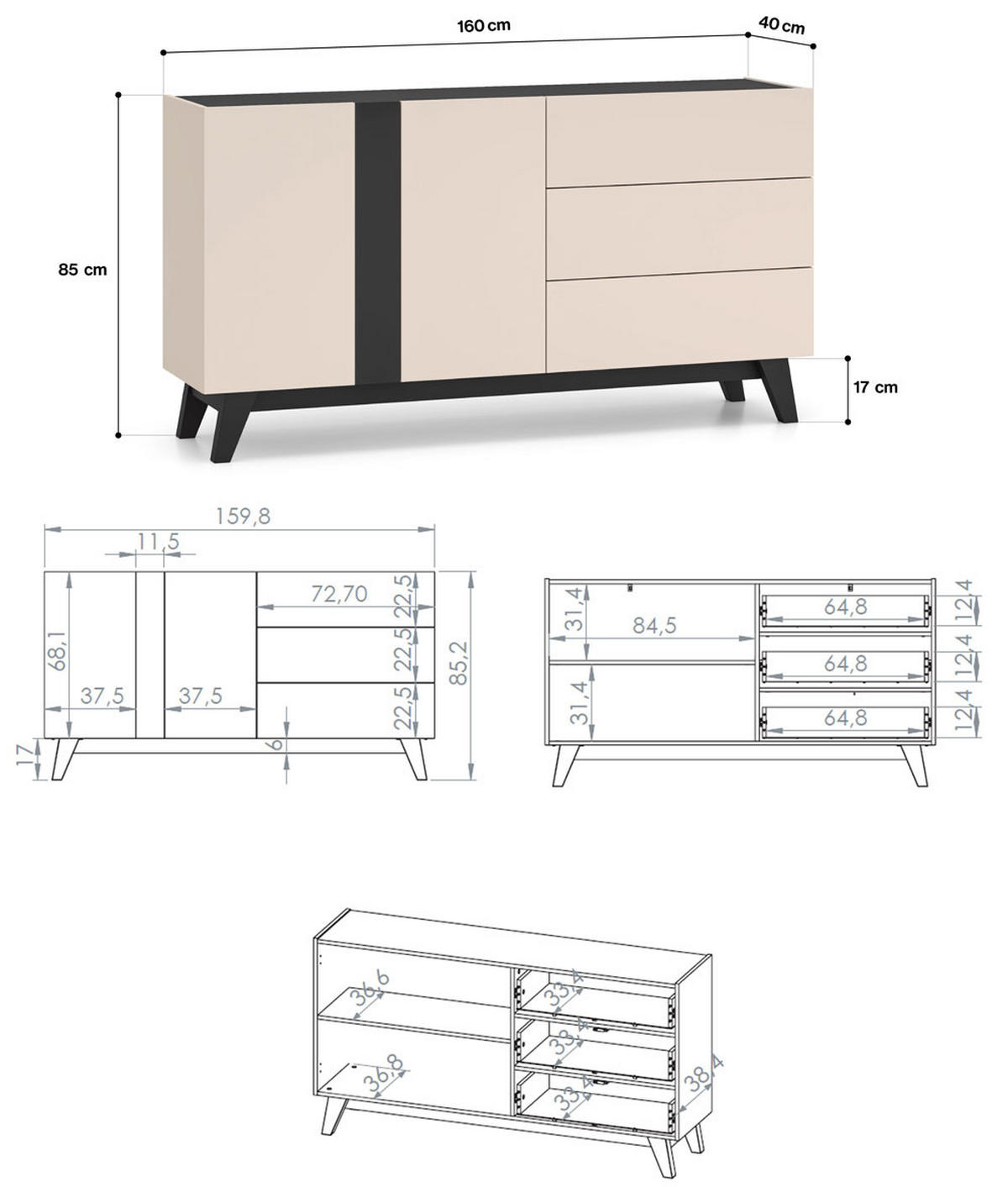 KOMMODE Freshion Kaschmir / Schwarz 160 / 40 / 85cm - Kaschmir/Creme, Holz/Holzwerkstoff (160/85/40cm) - Feldmann-Wohnen