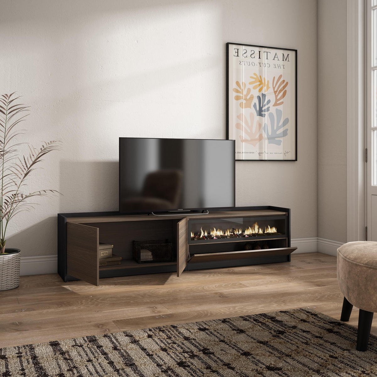 TV-SCHRANK, Lowboard, Dunkler Eiche und Schwarz, Elektrokamin, 207/37/50cm - Dunkelbraun, Holzwerkstoff (207/50/37cm) - Skraut Home