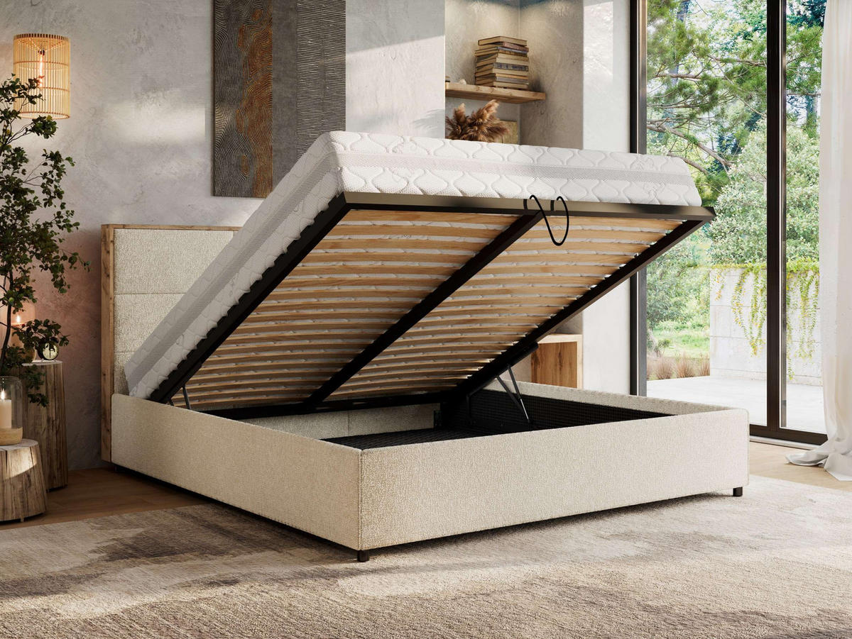 POLSTERBETT LERIO CLASSIC 180/200 - Creme Strukture - Schaum-Matratze - Creme, Textil (180/200cm) - MKS