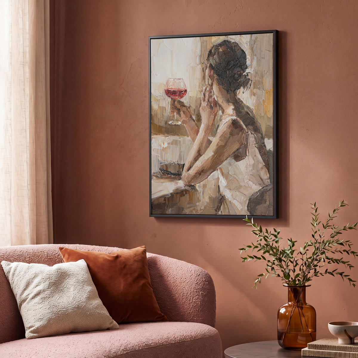 LEINWAND Bilder mit Rahmen - Ölgemälde - Frau - Wein - 70x100 - Hellbraun, Textil (70/100cm) - MuchoWow