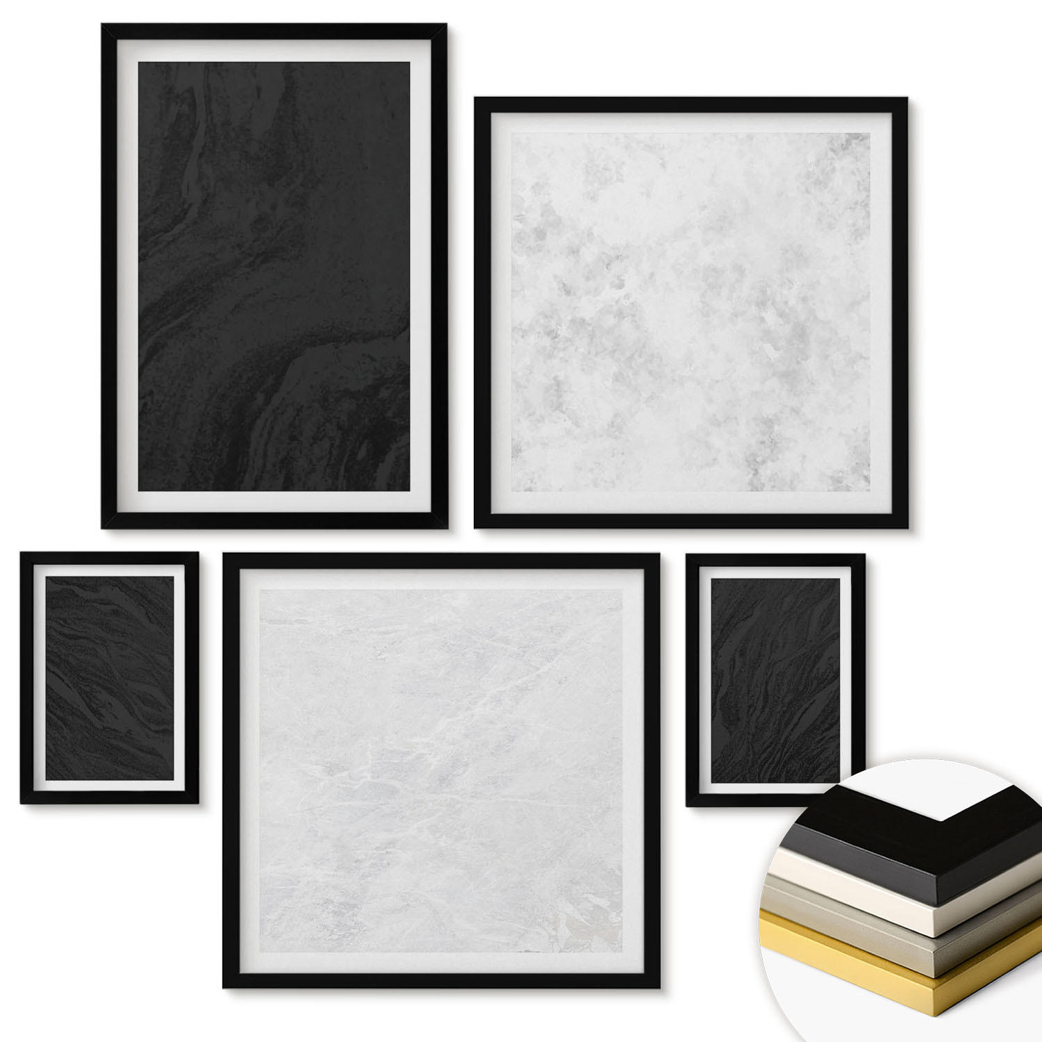 WANDBILDER 5er-Set - 50x50 cm & 20x30 cm & 40x60 cm Schwarzer Rahmen - Dunkles Licht, glamouröse Marmor - Schwarz, Kunststoff (40/60cm) - ArtPrintCave