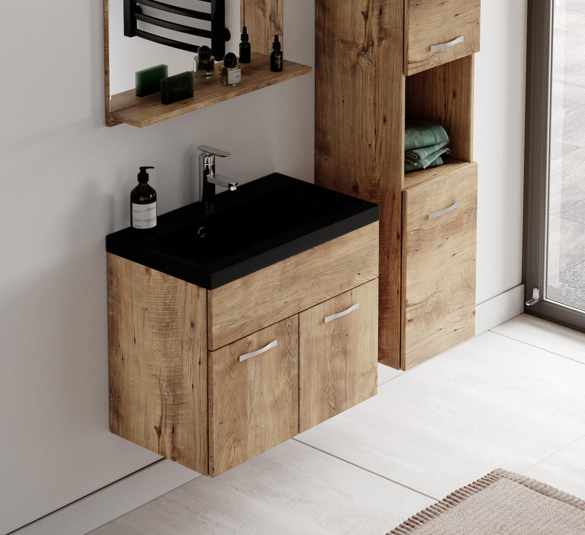 BADMÖBEL-SET Montreal 4 Teile Kastanien Eiche - Schwarze Waschbecken - 60 x 35 x 51 cm - Eichefarben/Schwarz, Holz (60/51/35cm) - Badplaats