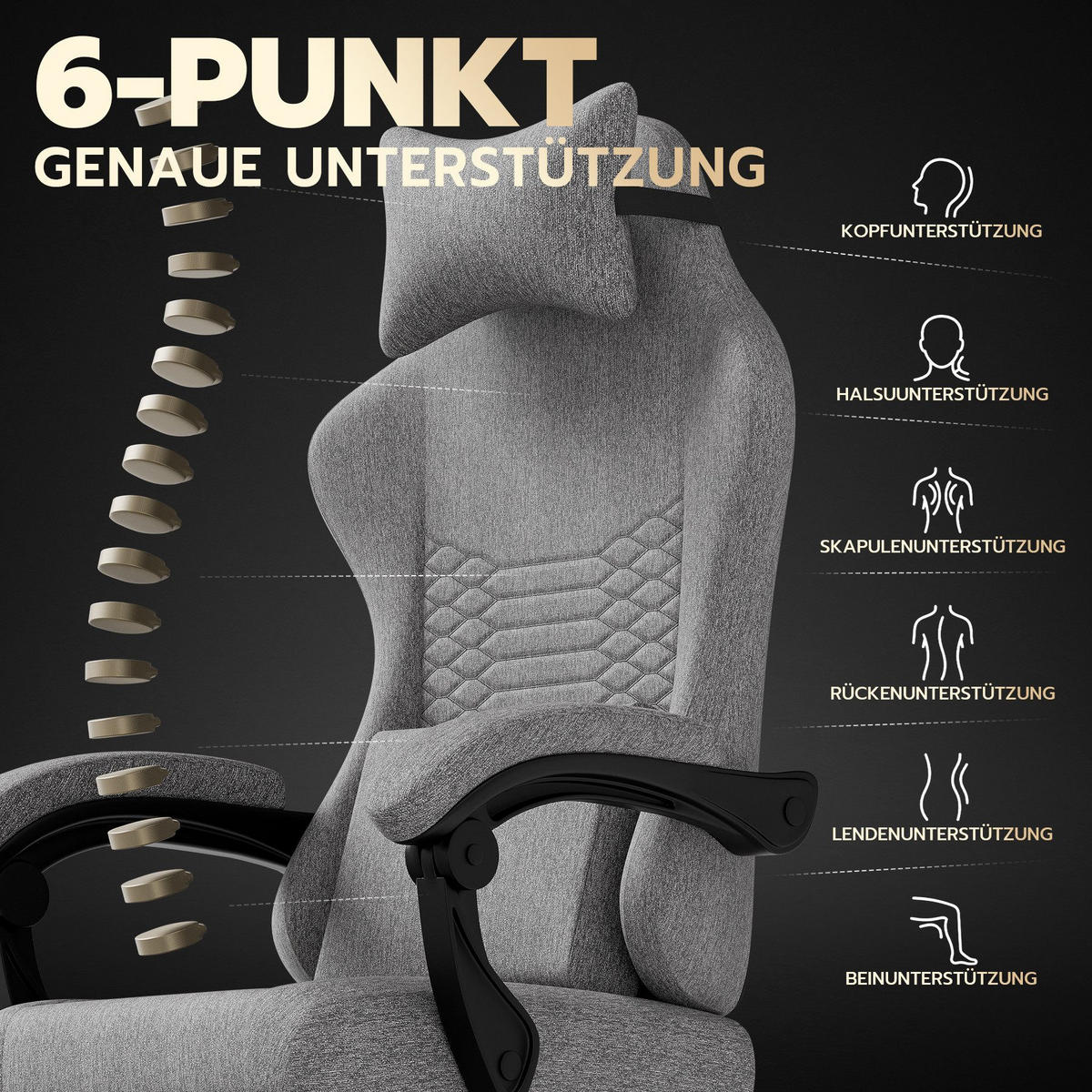 GAMING-STUHL ergonomischer, Bürostuhl mit Fußstütze & Lendenstütze - Hellgrau, Textil (65/114/65cm)