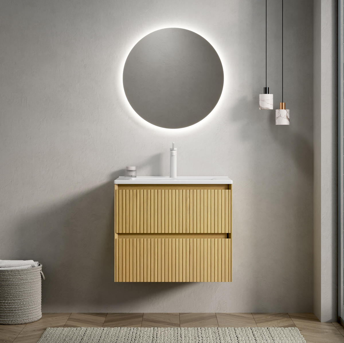 WASCHTISCHKOMBI 61 cm in Eiche mit Keramikbecken und Soft-Close-Schubladen - Eichefarben, Keramik (61/51.5/39cm) - BEAOK