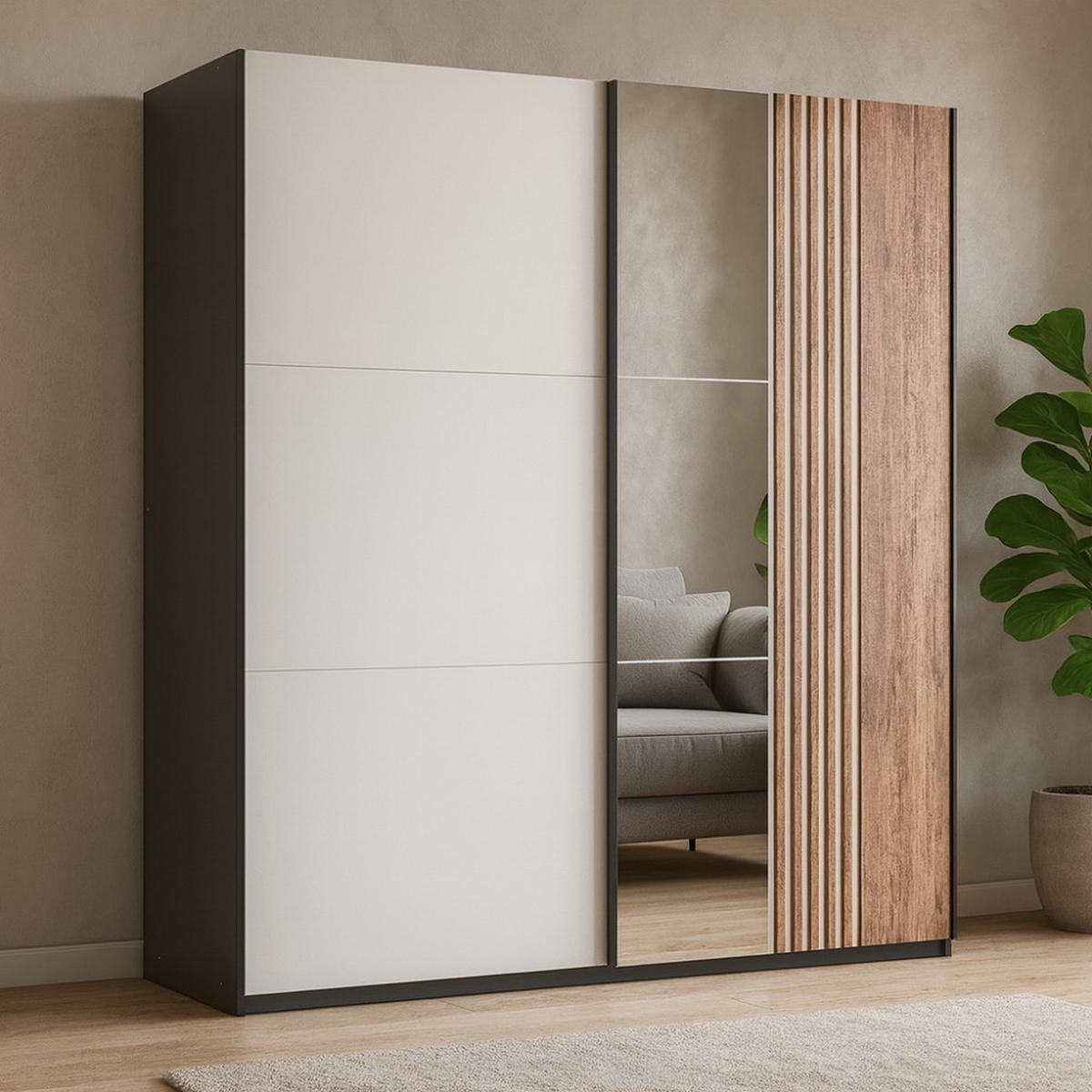 SCHWEBETÜRENSCHRANK Evia mit 2 Türen und Spiegel, 203 cm - Eiche Wotan/Schwarz, Holzwerkstoff (203/215/65cm) - Beautysofa