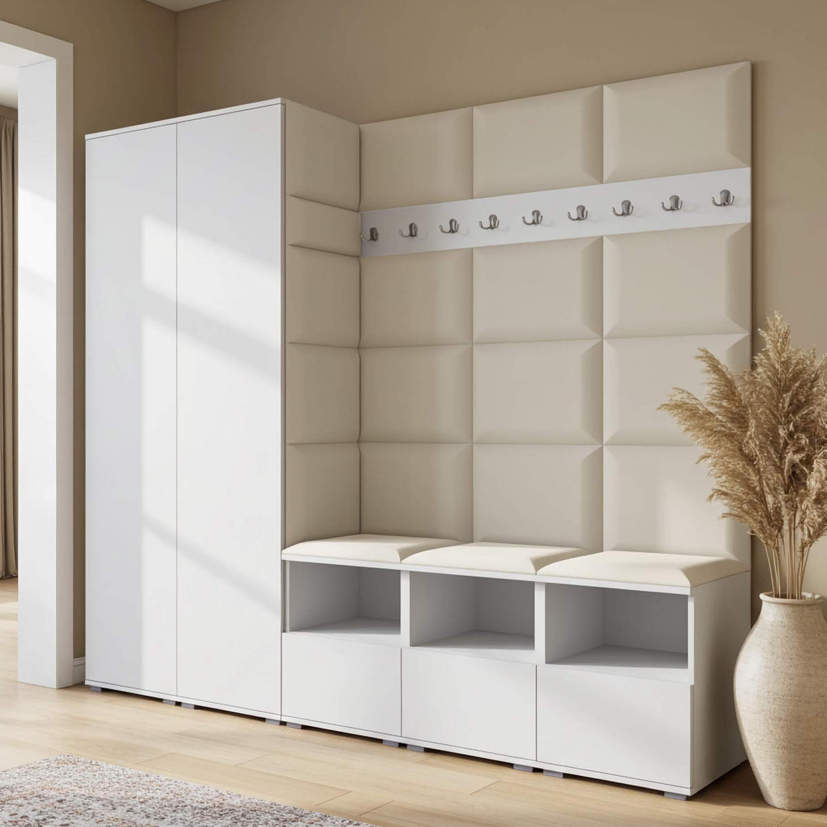GARDEROBE NELA VII 250 cm (Modulare Flurmöbel XL Weiß mit Sitzpolster Creme 01 2 Schränke) - Silberfarben/Creme, Holz/Holzwerkstoff (250/187/40cm) - Ravio