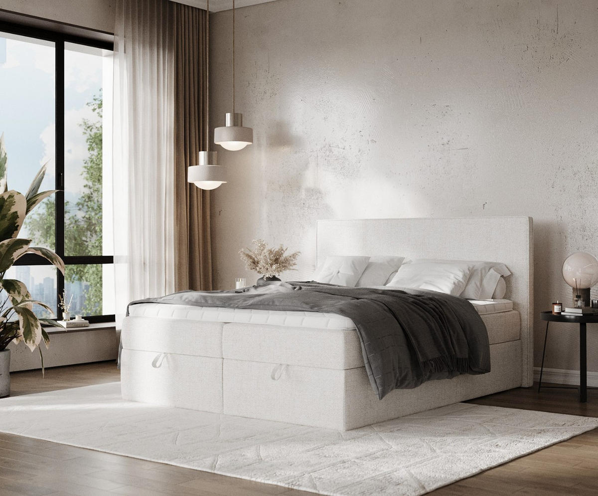 BOXBETT Velma 140/200 cm Creme im Neve Stoff - Creme/Schwarz, Holz/Holzwerkstoff (140/200cm) - AltaBeds