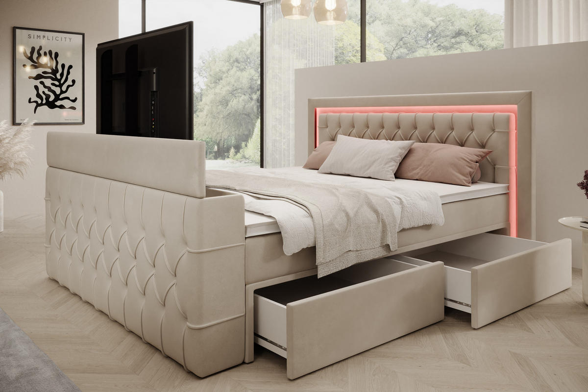BOXSPRINGBETT Arosa TV mit Schubladen und Topper, TV-Lift, LED Beleuchtung, Samt, 180x200 cm, Beige - Beige, Holz - PROMETO Möbel