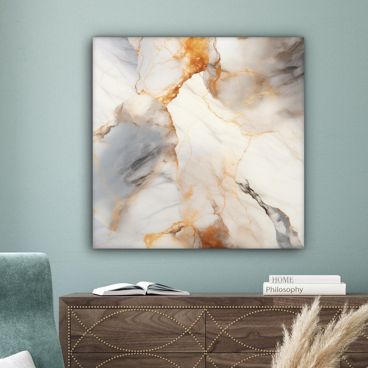 LEINWANDBILD Marmor - Grau - Gold 90x90 cm - Weiß, Textil (90/90cm) - MuchoWow