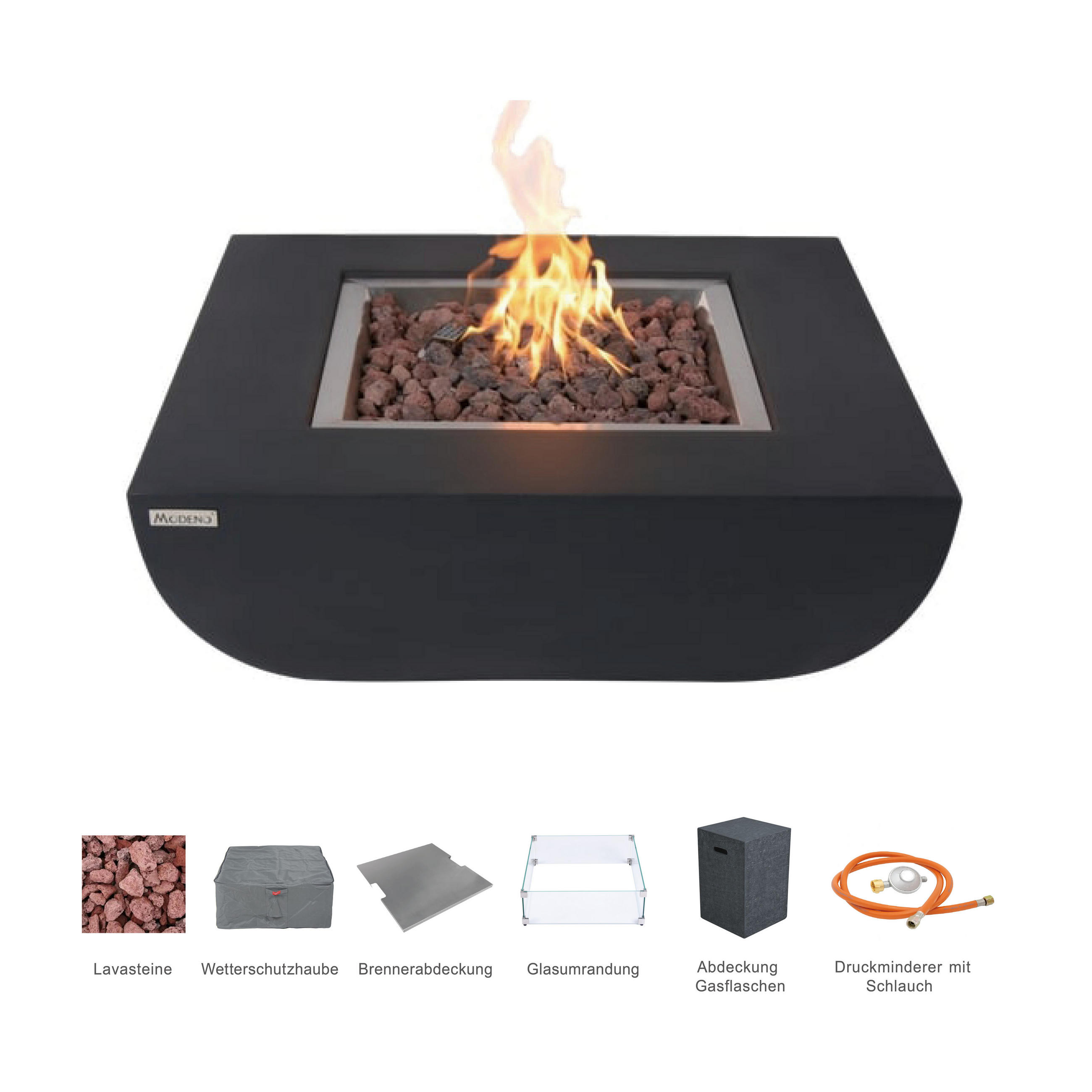 FEUERTISCH Aurora Gasfeuerstelle aus GF-Beton - 4-tlg. Set inkl. Glasumrandung, Brennerabdeckung und Gasflaschen-Abdeckung - Schwarz, Naturmaterialien (86/36/86cm) - Elementi