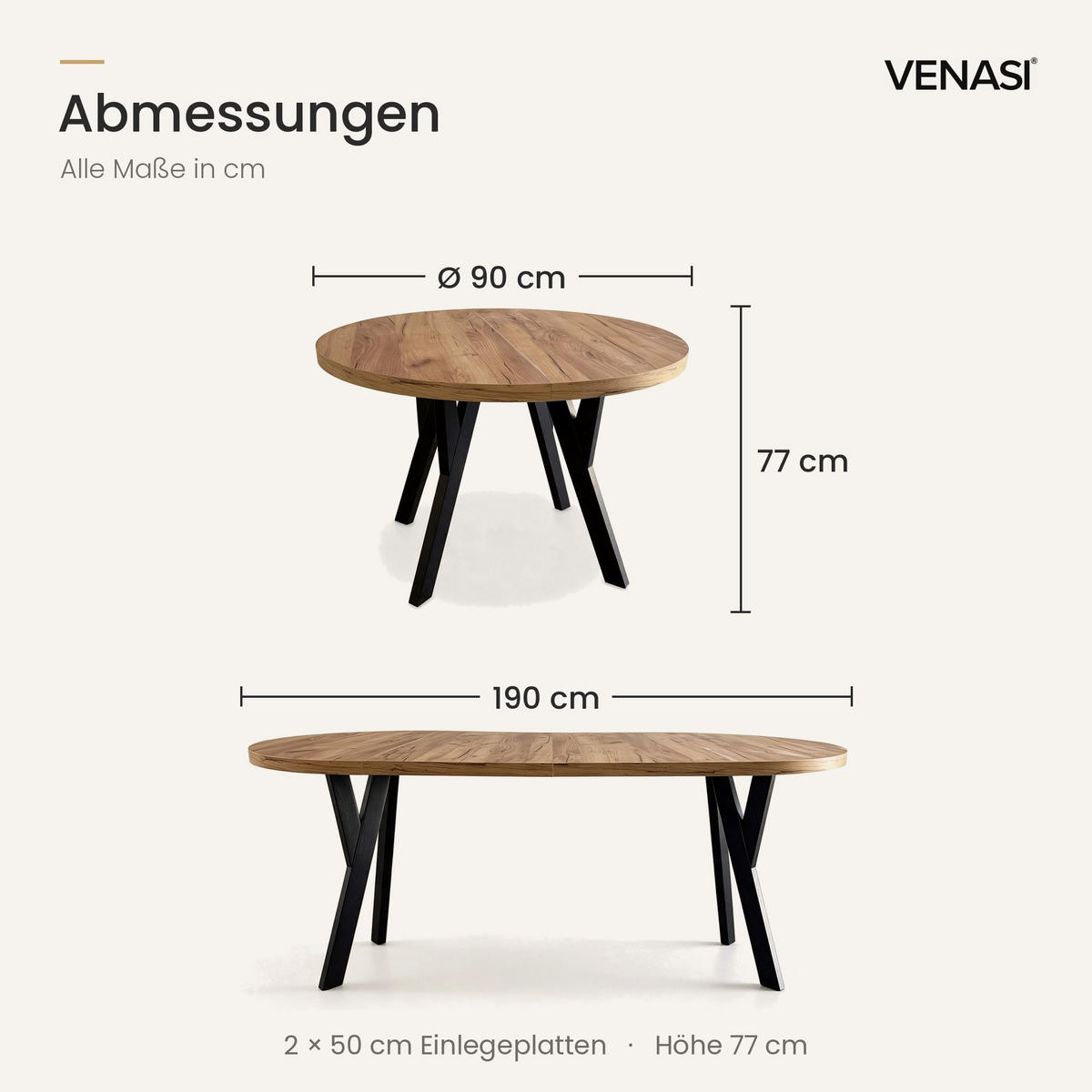 ESSTISCH ausziehbar rund 90-190 cm ATO Craft, Auszugstisch mit Einlegeplatte - Schwarz/Braun, Holzwerkstoff (90/90/77cm) - VENASI MÖBEL