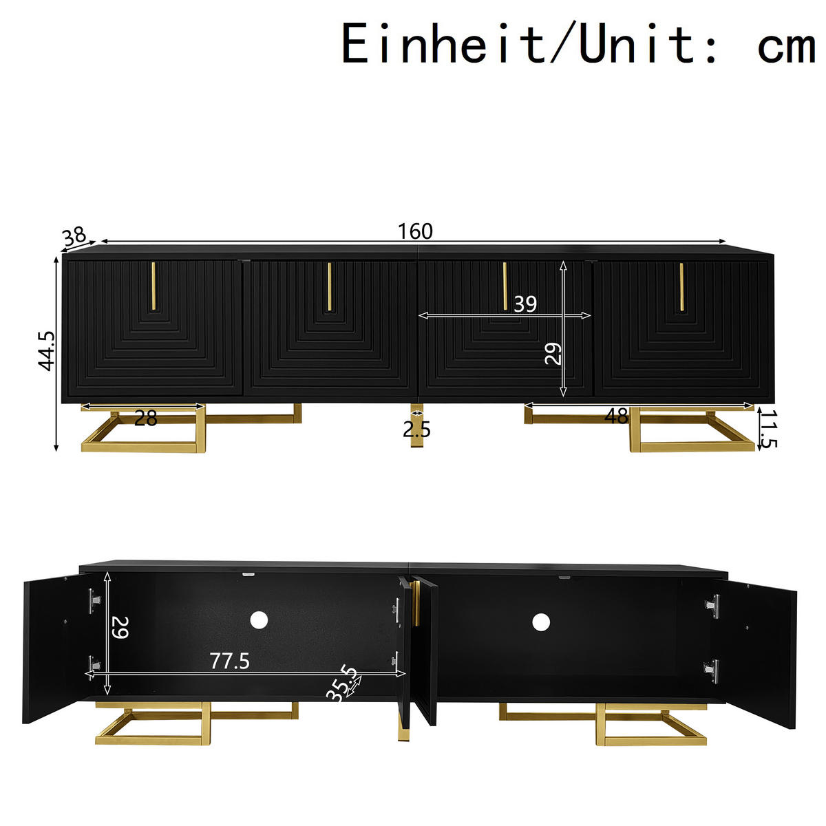 LOWBOARD in Schwarz TV-Schrank mit strukturierten Türen und goldenen Griffen für Wohnzimmer, B160/T38/H44.5 cm - Goldfarben/Schwarz, Holzwerkstoff/Metall (160/44.5/38cm) - STILVORA