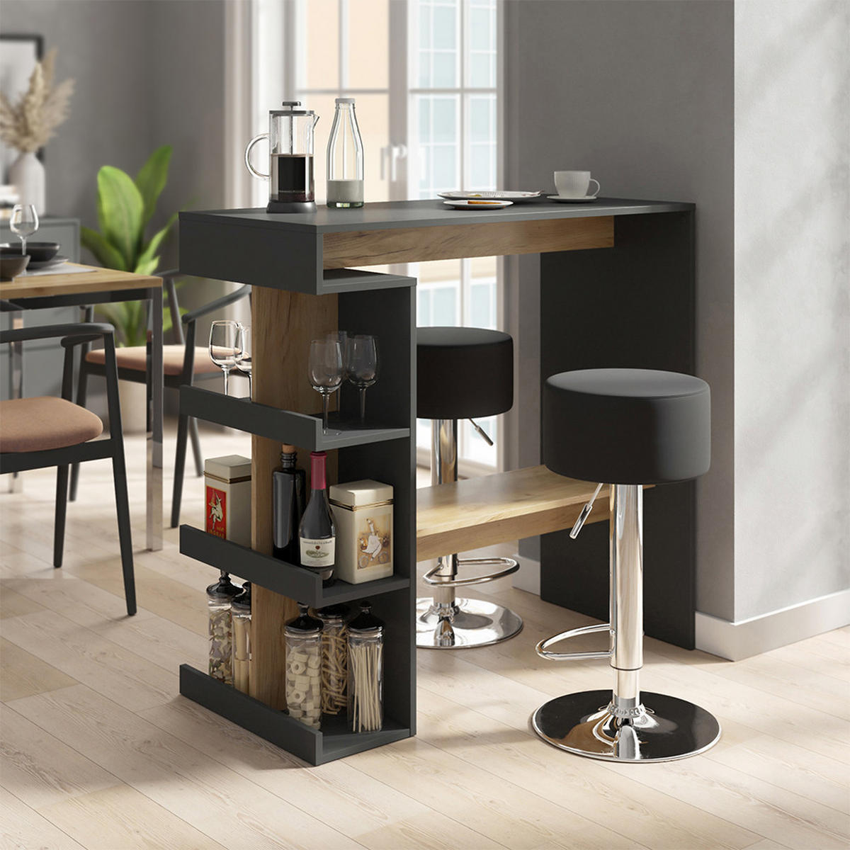 BARTISCH-SET Dana Anthrazit/Goldkraft Eiche 108 x 50 cm mit 2 Barhockern - Honigeiche/Anthrazit, Holzwerkstoff (50/108/103cm) - Vicco