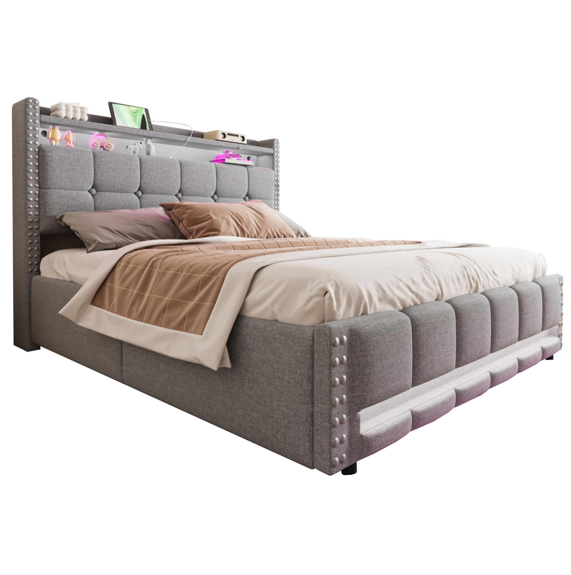 OKWISH ČALOUNĚNÁ postel 160/200 cm světle šedá z lněné tkaniny s LED, USB a úložným prostorem
