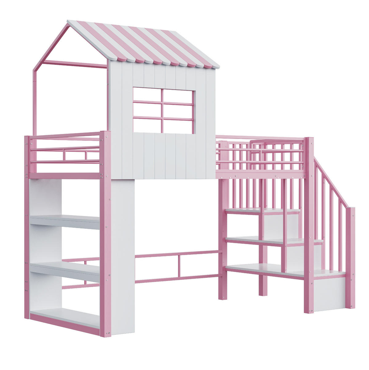 HOCHBETT aus MDF und Metall 90x200 cm Rosa mit Stauraumtreppe, Regal und viel Platz unter dem Bett - Pink, Holzwerkstoff (90/200cm) - Modfu