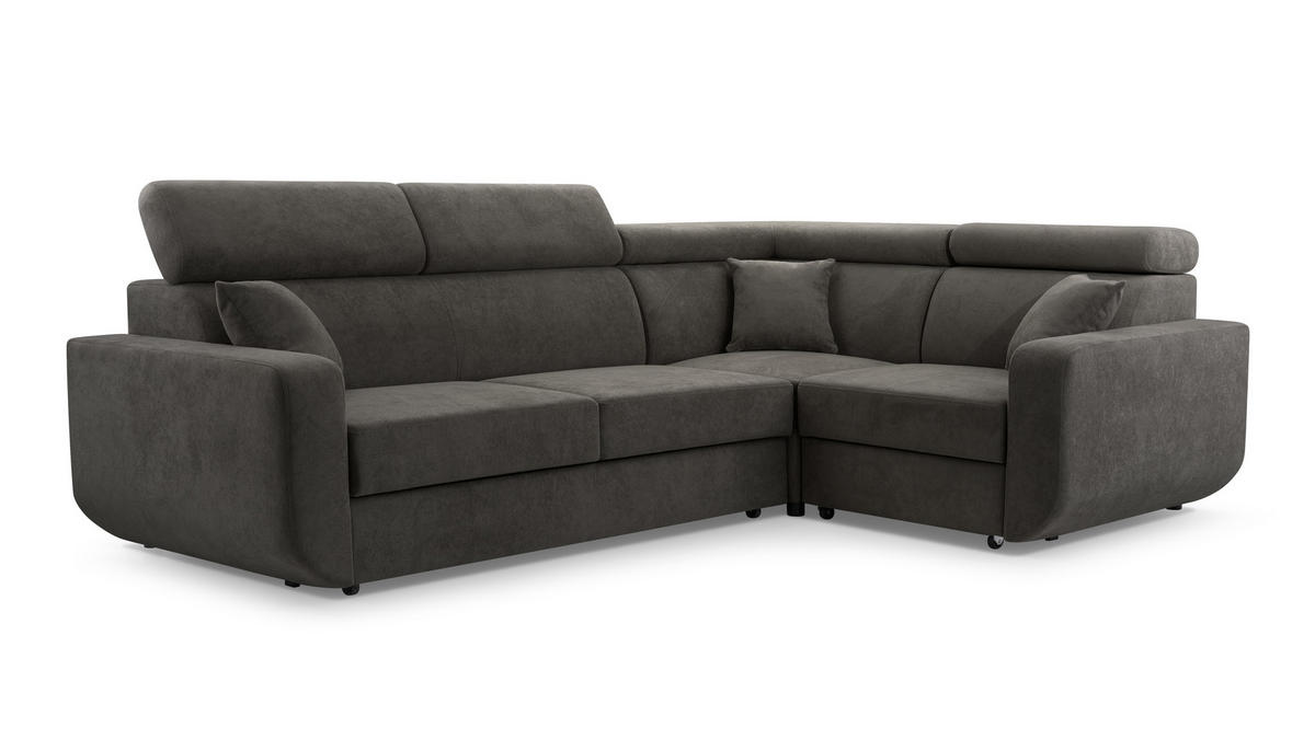ECKSOFA RENO Grau Plüsch-Stoff mit Schlaffunktion - Grau, Holz (263/184cm) - MASSENO