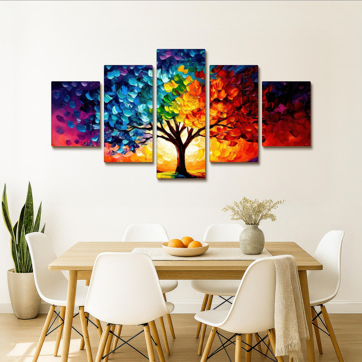 LEINWANDBILD 5er Set Baum - Farbenfroh - Malerei-Look - Abstrakt 150x80 cm - Multicolor, Textil (150/80cm) - MuchoWow