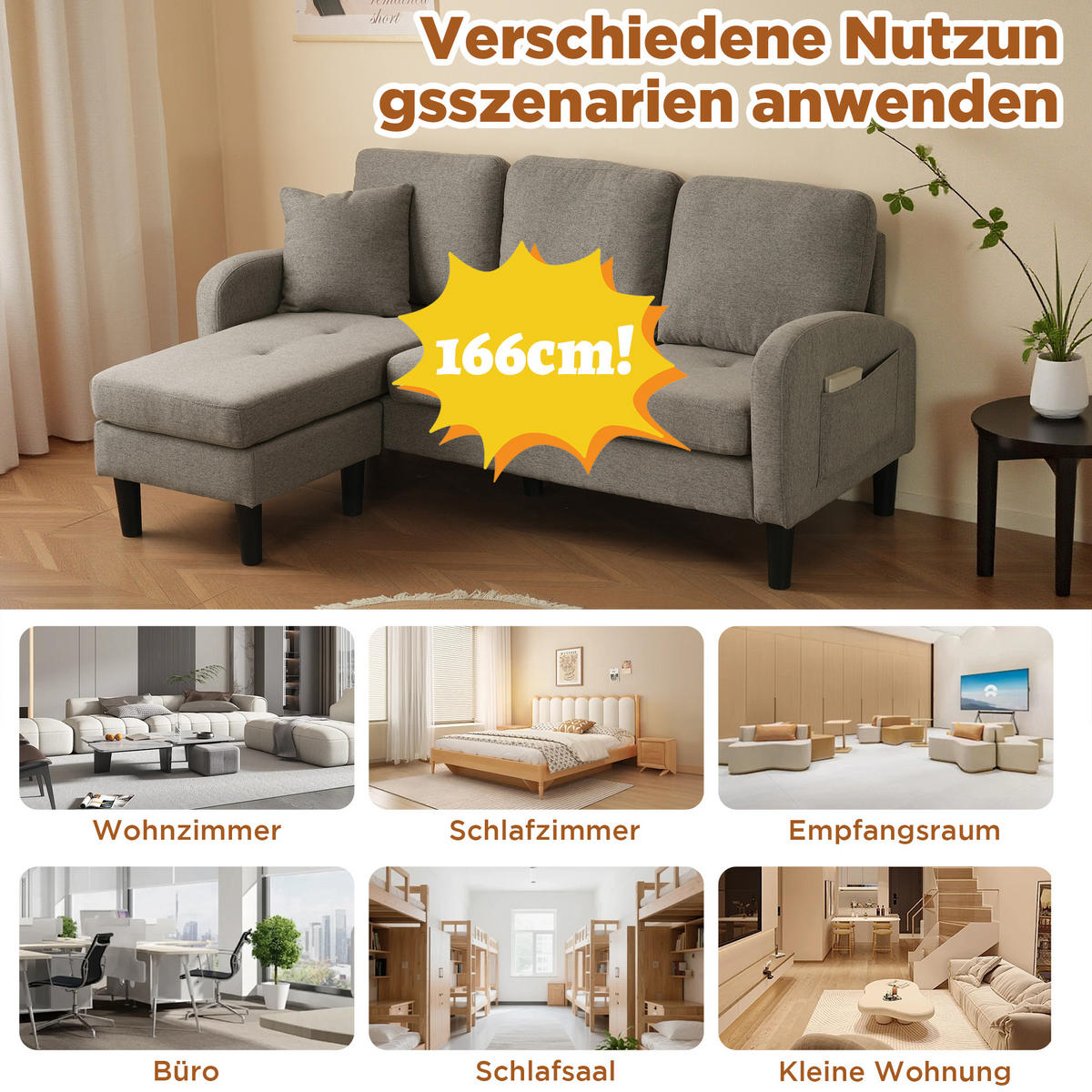 ECKSOFA 166x118x77cm Baumwoll-Leinen Chaiselongue 3-Sitzer - Grau, Holz (107.95/52.07cm) - FLIEKS