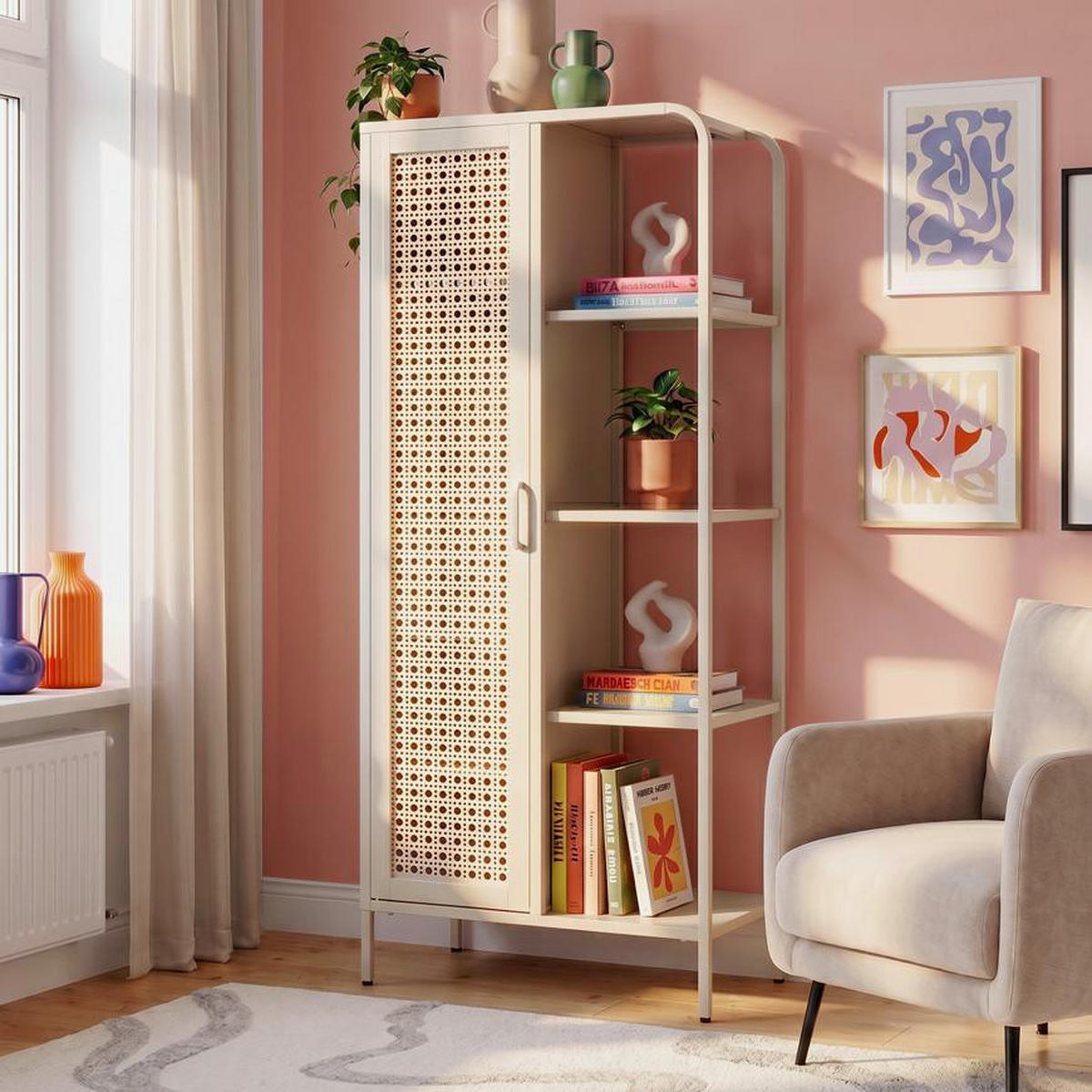 REGAL Industrielles Regal aus beigefarbenem Metallgitter mit 1 Tür und 4 Fächern - HERA - Beige, Metall (75/175/35cm) - Sicaan