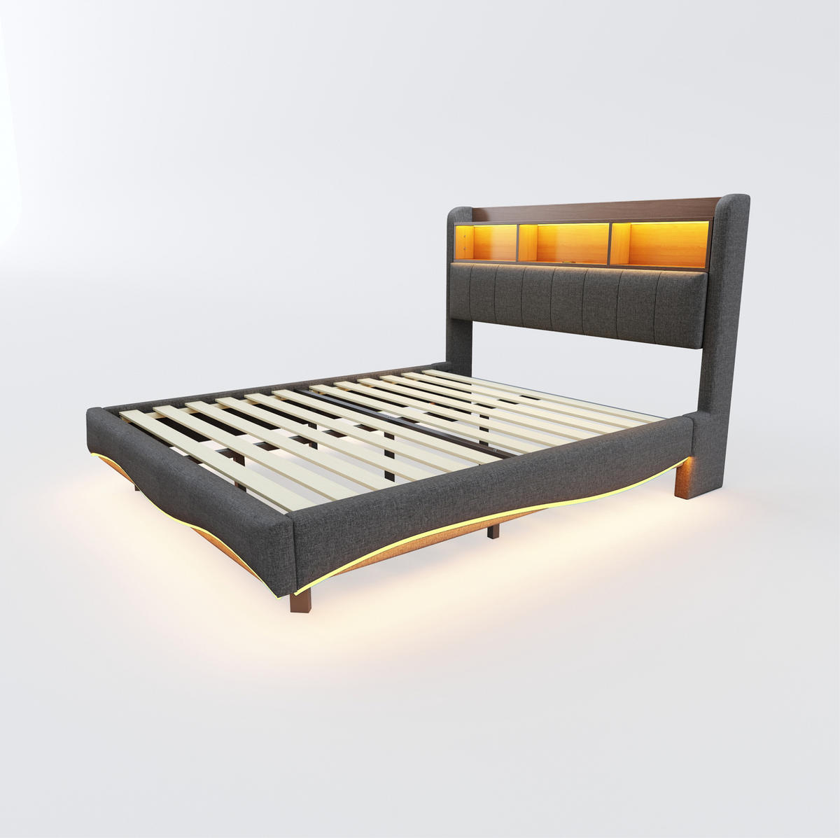 ČALOUNĚNÁ postel 140/200 cm šedá z tkaniny s LED osvětlením USB a úložným čelem - šedá, textil (140/200cm) - OKWISH