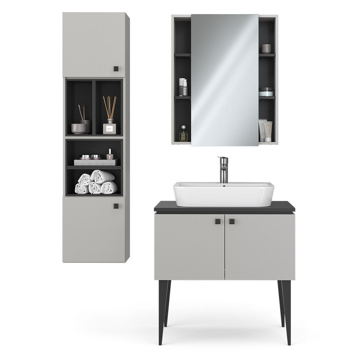 BADMÖBEL-SET Gerta Grau 3 Teile, Hängeschrank 2 Türen - Schwarz/Grau, Holzwerkstoff (80/79/50cm) - Vicco