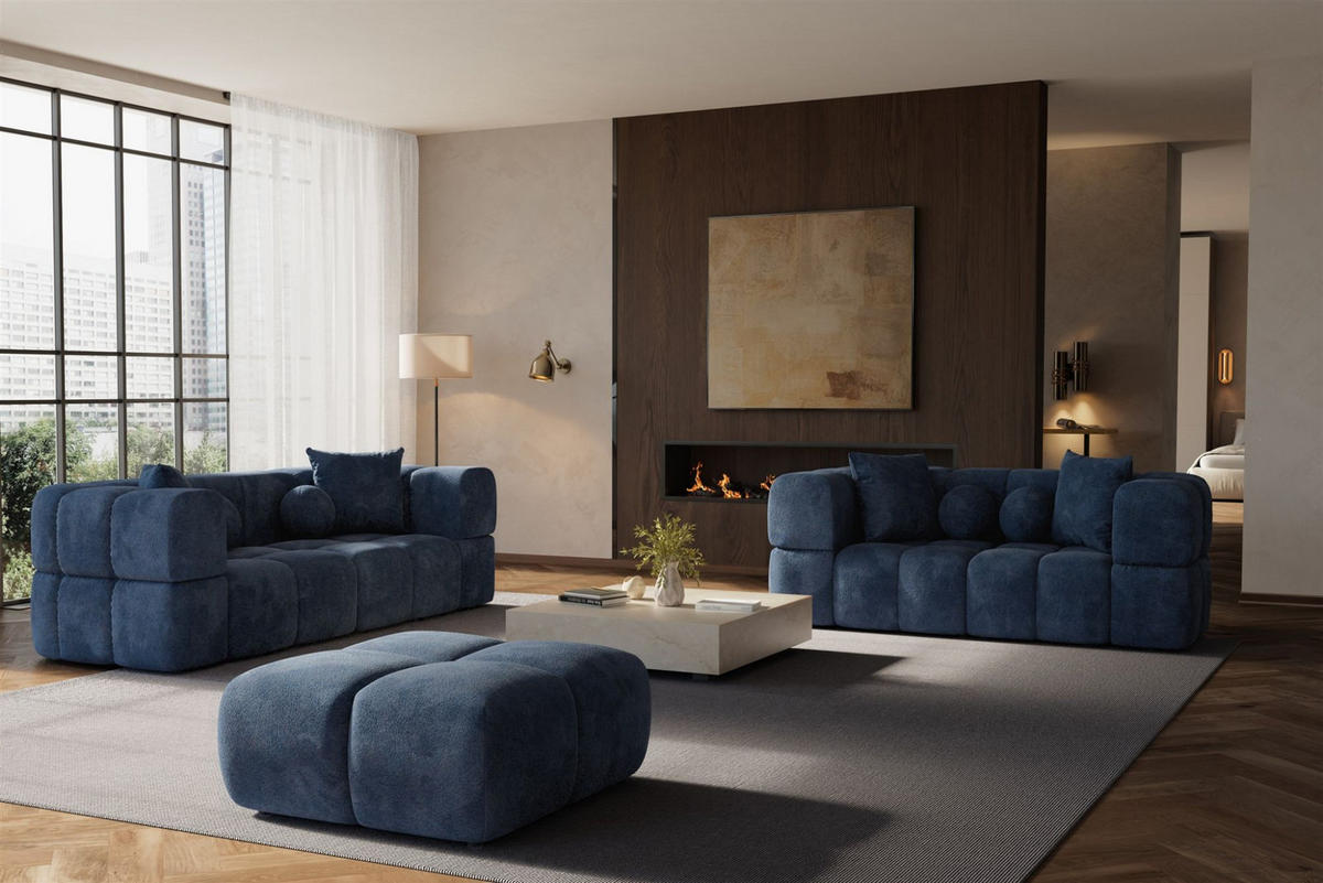 SOFASET Vega 3-2 Inkl. Hocker - Blau, Holzwerkstoff/Textil (250/77/103cm) - Fun Möbel