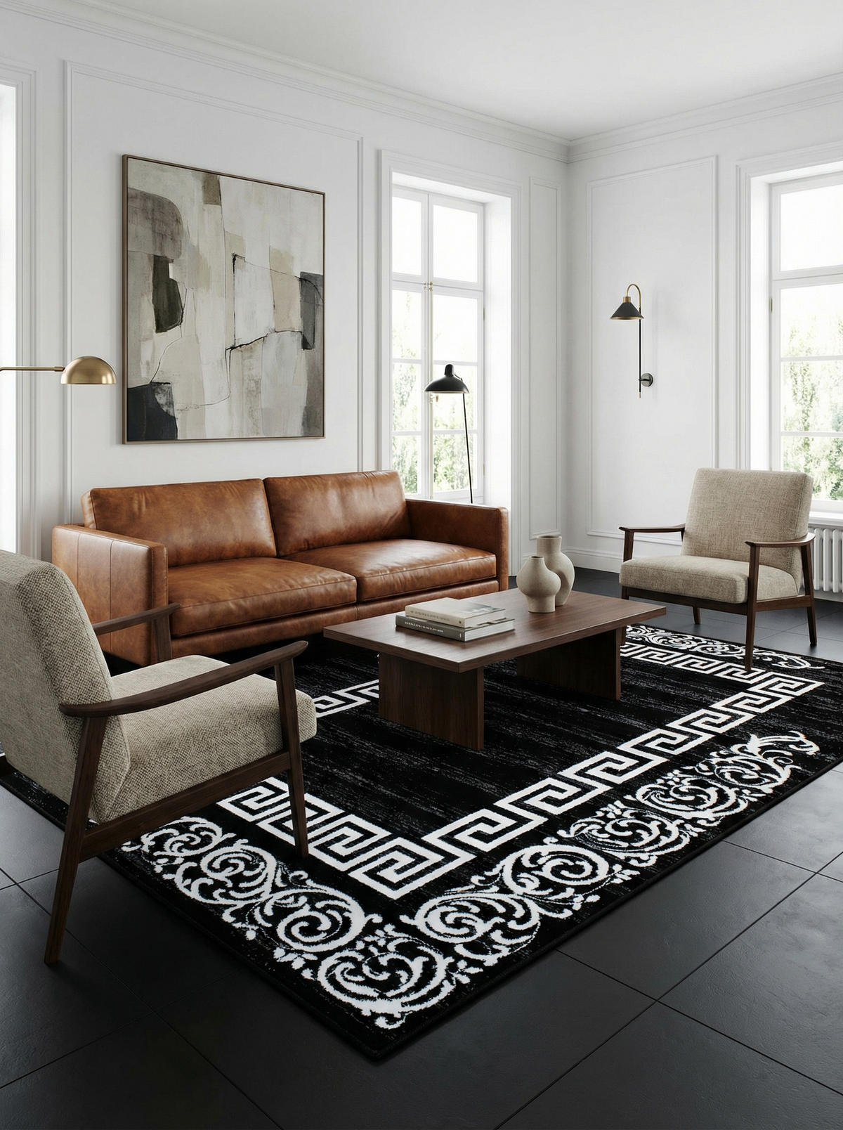 TEPPICH Kurzflor Mäander Polypropylen saugroboter Wohnzimmer Schwarz Läufer 80x150 - Schwarz, Textil (80/150cm) - KADIMA DESIGN