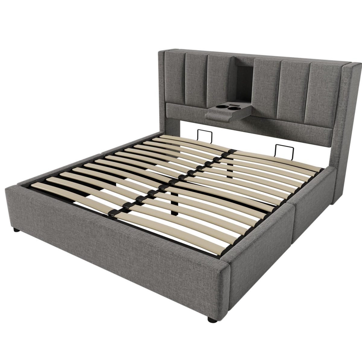 POLSTERBETT 160/200 cm mit Ladestation, verstecktem Becherhalter und Bettkasten, Leinen, Grau - Grau, Textil (160/200cm) - Redom