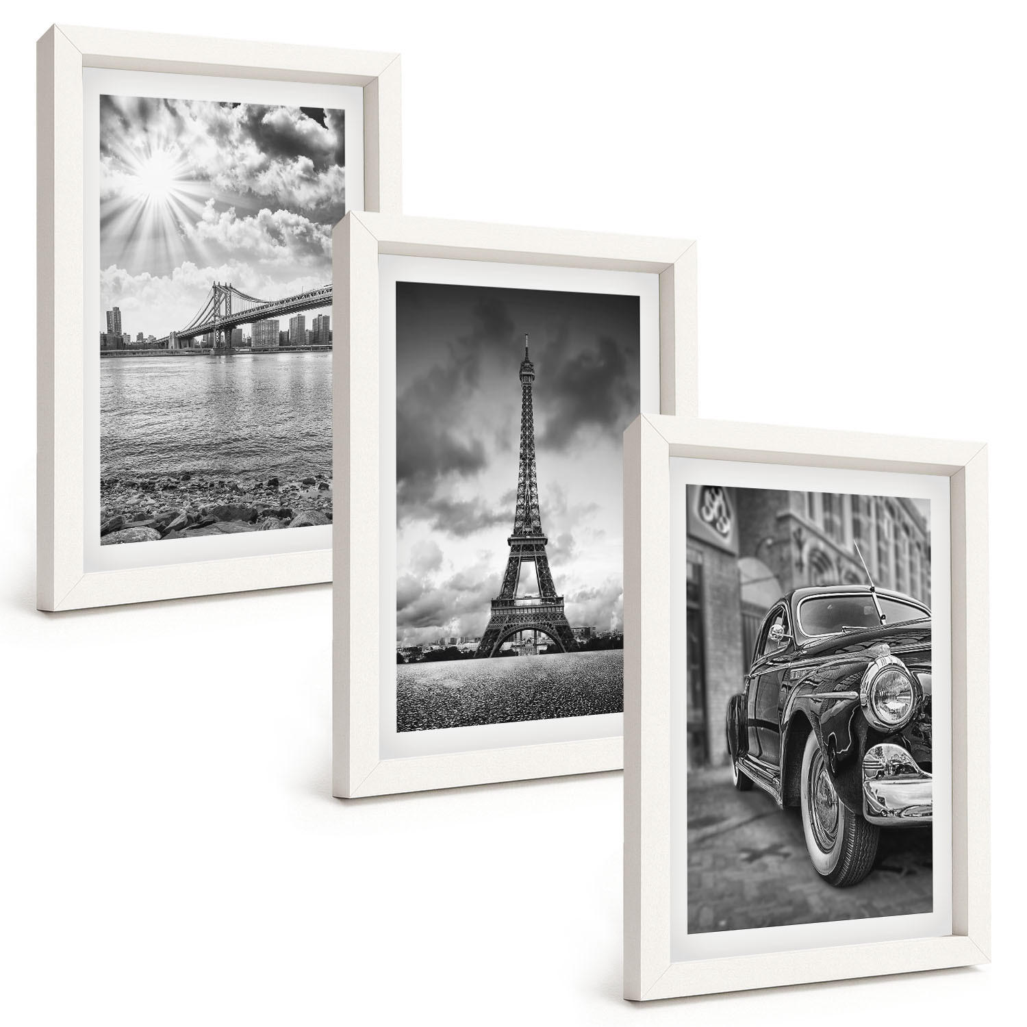 BILDER SET 3er Set - 20x30 cm Weißer Rahmen - Stadtansichten, Brücken, Eiffelturm - Weiß, Kunststoff (20/30cm) - TULUP