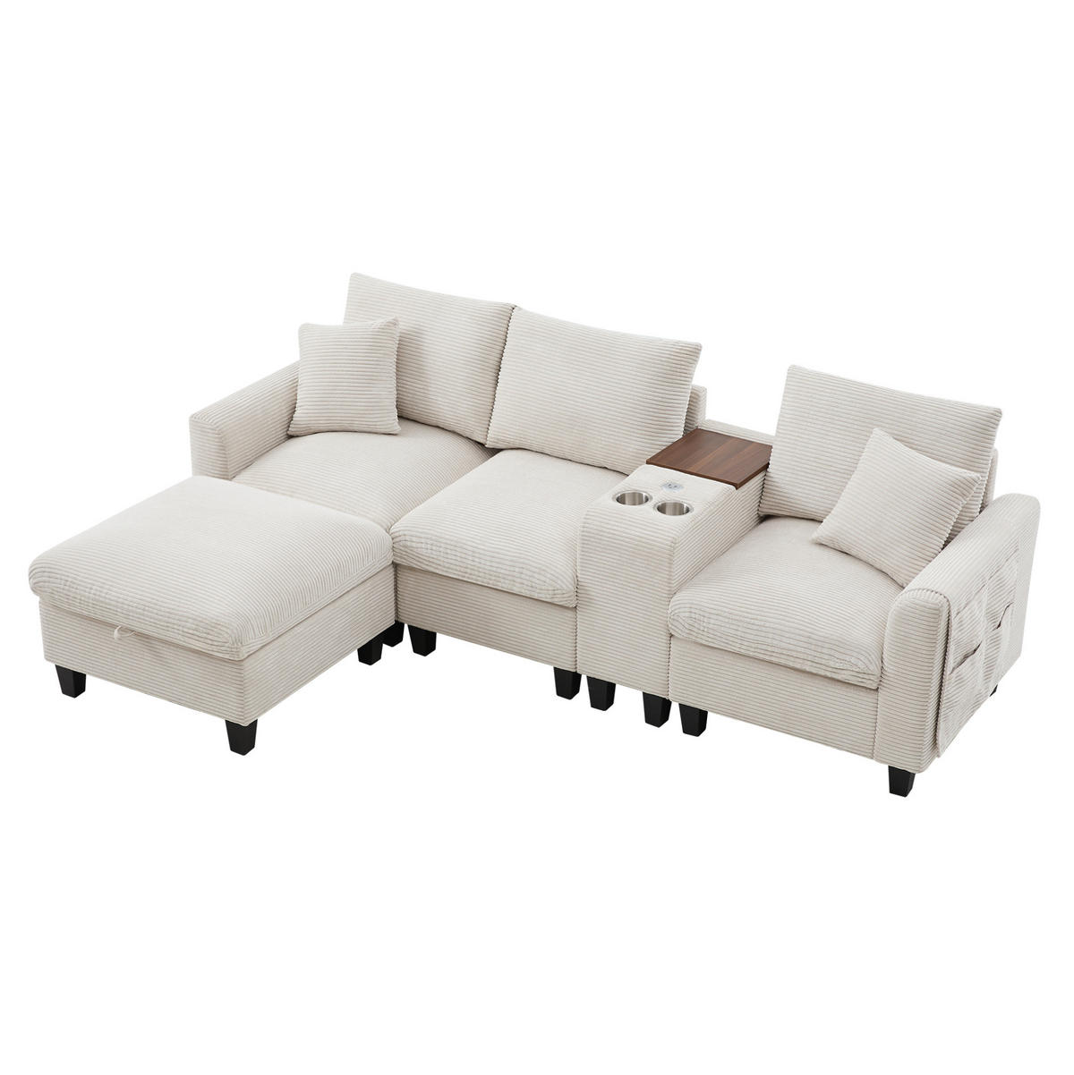 WOHNLANDSCHAFT aus Cordstoff 229x149,5x83 cm Beige mit USB-Anschlüssen, Becherhaltern, Konsole und Stauraumhocker - Beige, Textil (149.5/229cm) - Modfu