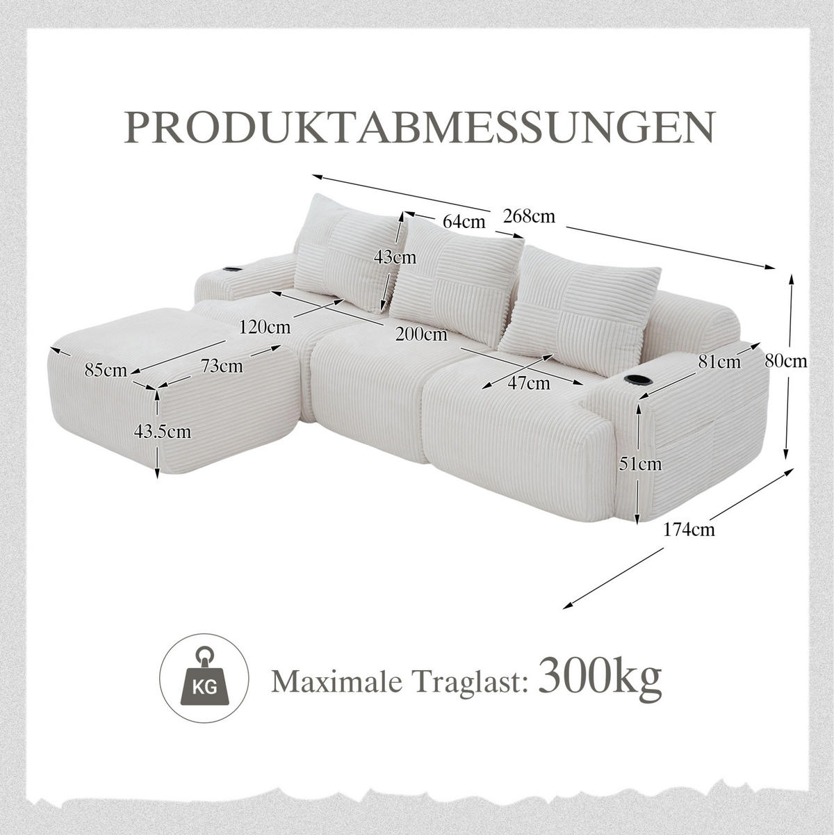 ECKSOFA 268/174/80 cm beige aus Cord mit Cupholder - Beige, Textil (174/268cm) - OKWISH