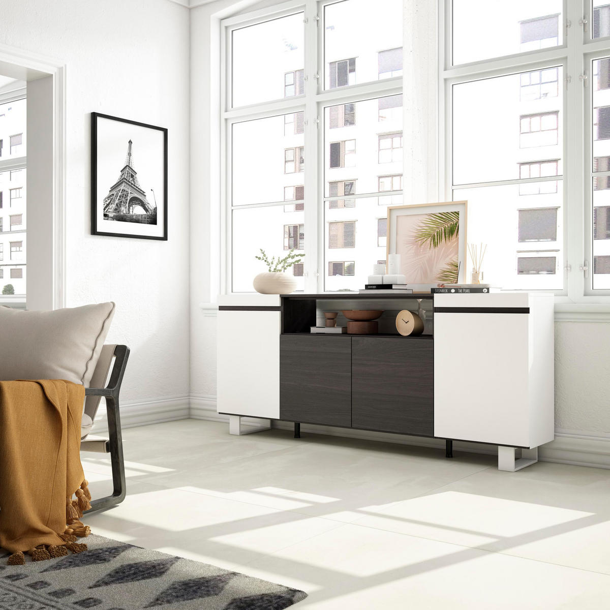 SIDEBOARD weiß und schwarz, 200/35/87cm - Multicolor/Schwarz, Holzwerkstoff (200/87/35cm) - Skraut Home