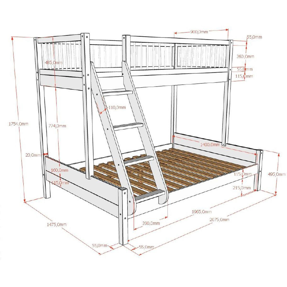 FAMILIENBETT 90x200 140x200 Keeley Buche Weiß mit Schublade - Weiß, Holz (90/200cm) - 58aufmkessel