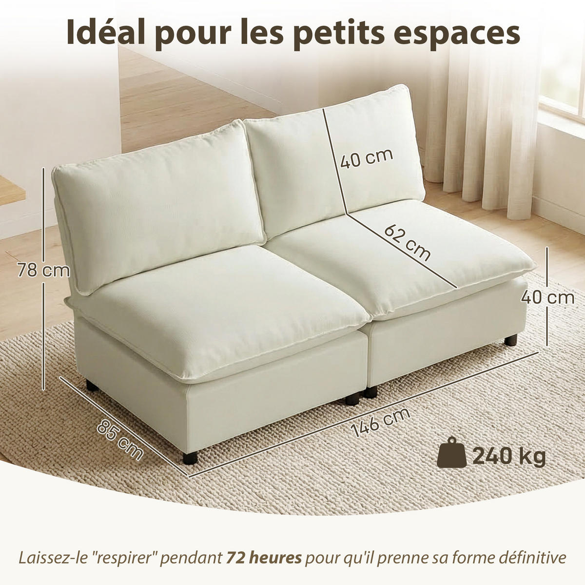 SOFA, 2-Sitzer, modular, ohne Armlehnen, cremefarben, 146cm - Multicolor, Holzwerkstoff (146/78/85cm) - FORIOUS