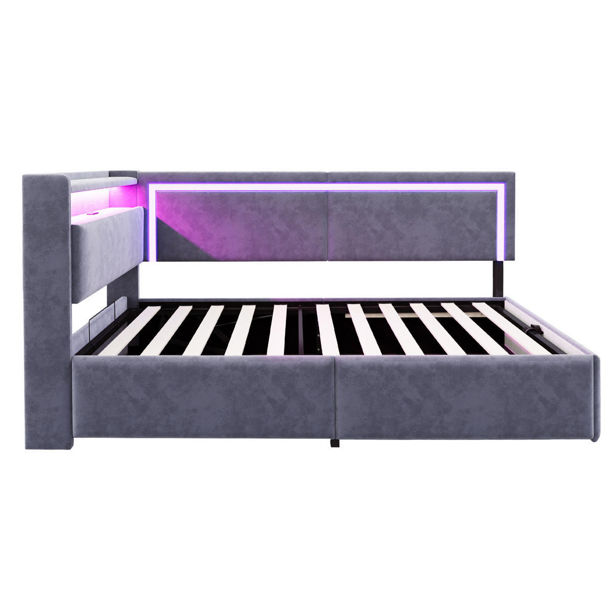 ČALÚNENÁ posteľ 90x200 cm zo zamatu sivá s LED osvetlením, USB portom a hydraulickým úložným priestorom - sivá, textil (90/200cm) - Modfu