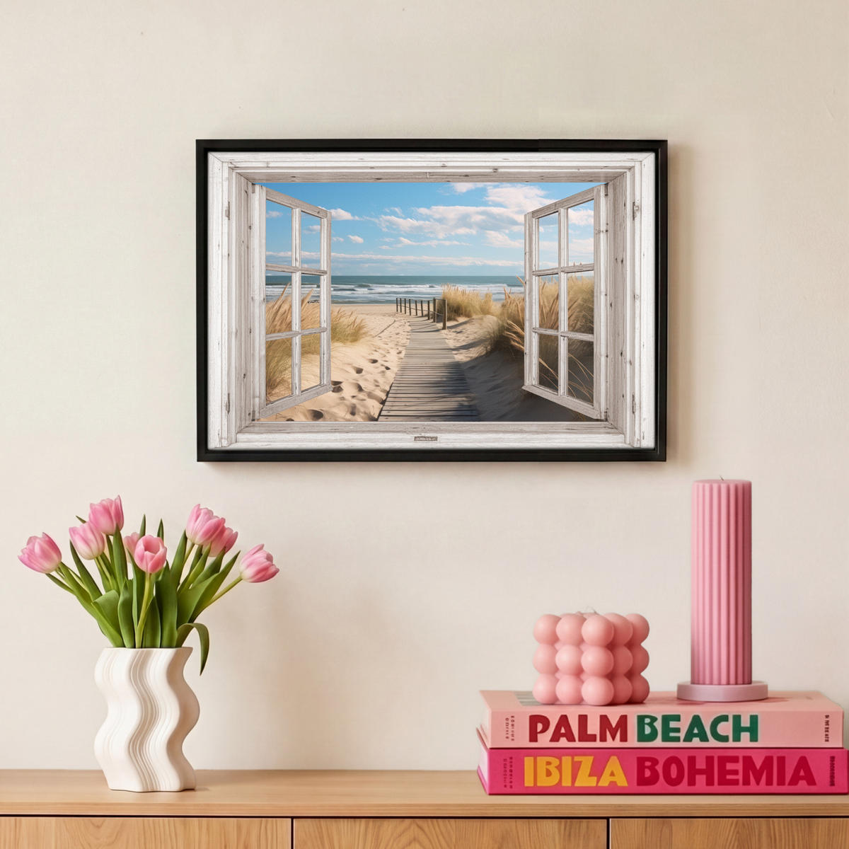 LEINWAND Bilder mit Rahmen - Fenster - Meer - Küste - Natur - Ausblick - Strand - Wattenmeer - 30x20 - Beige, Textil (30/20cm) - MuchoWow