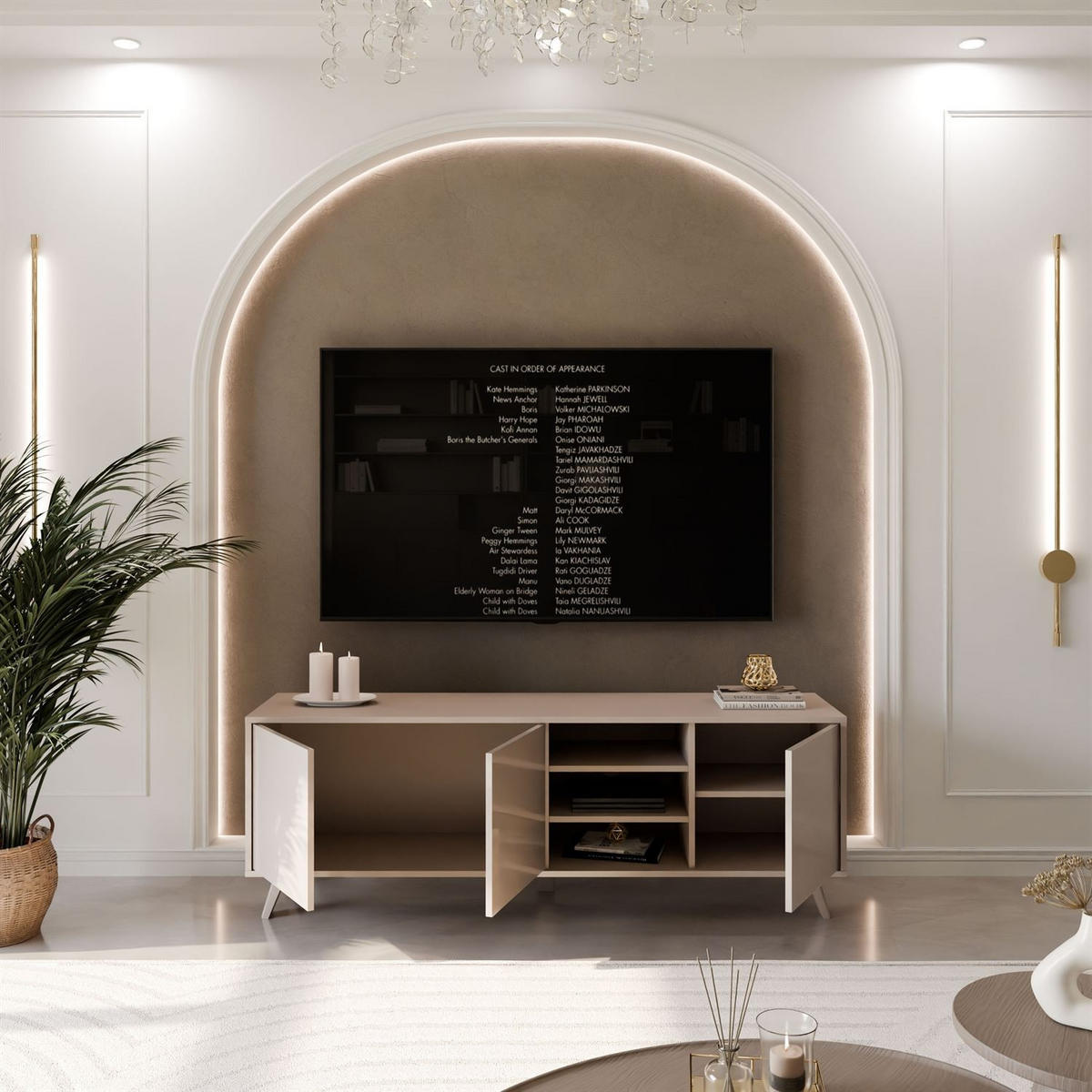 TV-SCHRANK SANAYI mit hohen Kunststoffbeinen Kaschmir Hochglanz - Beige, Holzwerkstoff (156/54/38cm) - Lookway